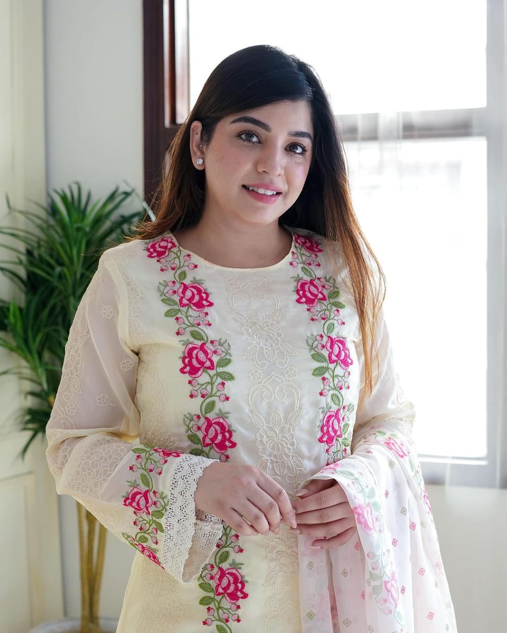 Elegant White Kurti with Pink Design