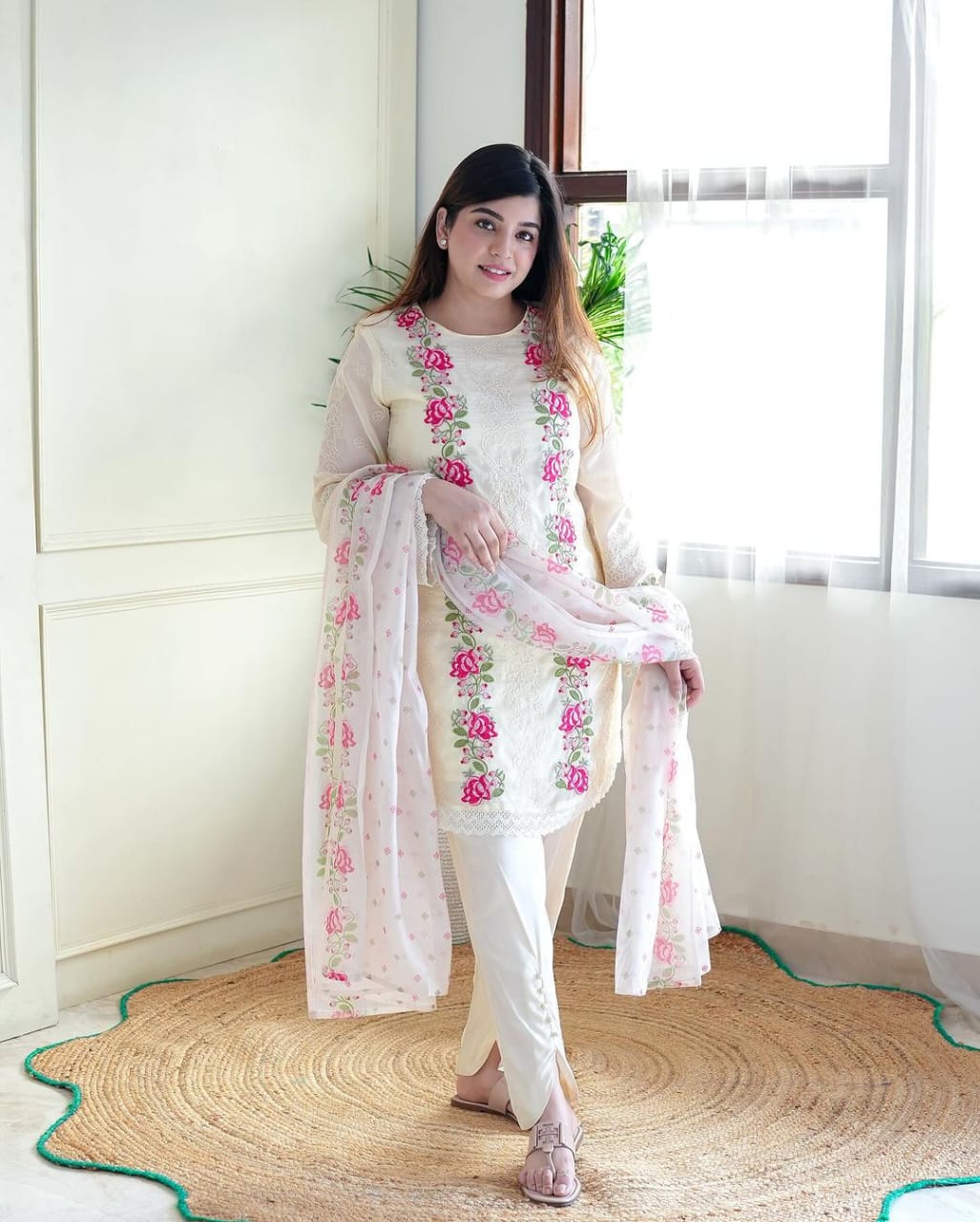 Elegant White Kurti with Pink Design