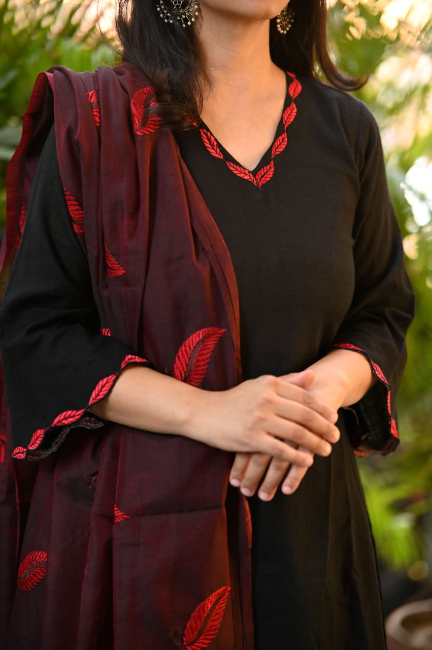 Elegant Black Kurti with Red Dupatta