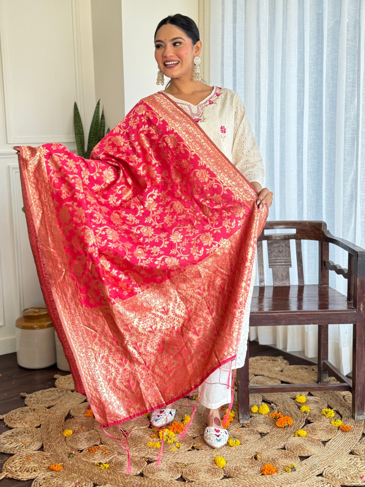 Elegant White Kurti with Orange Dupatta