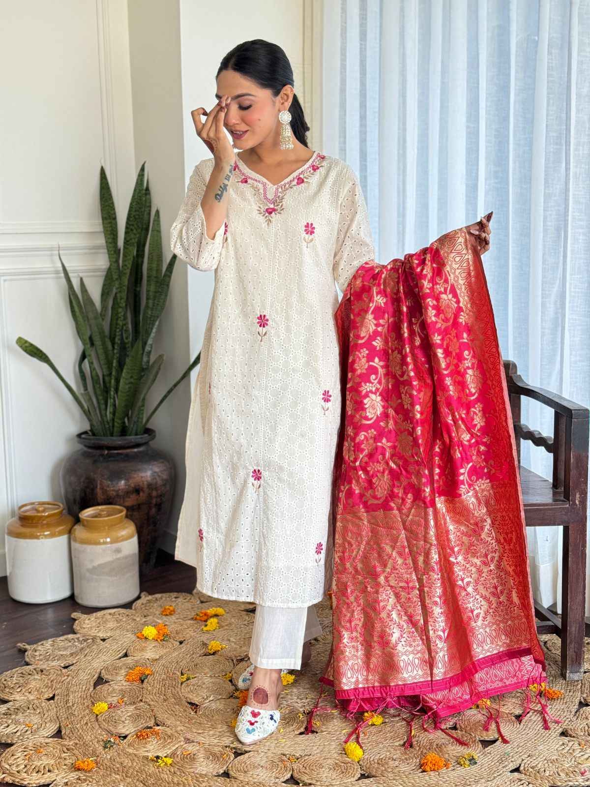 Elegant White Kurti with Orange Dupatta