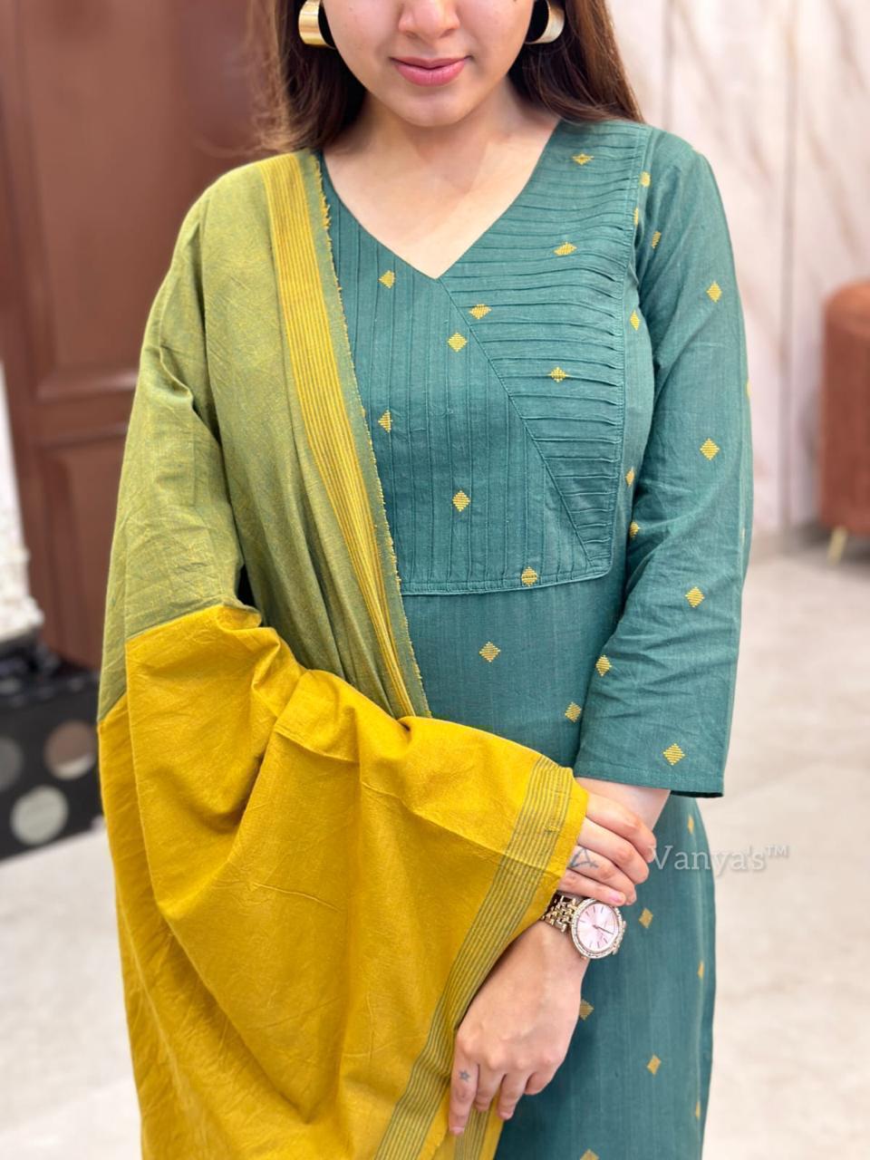 Elegant Green Kurti with Vibrant Yellow Dupatta