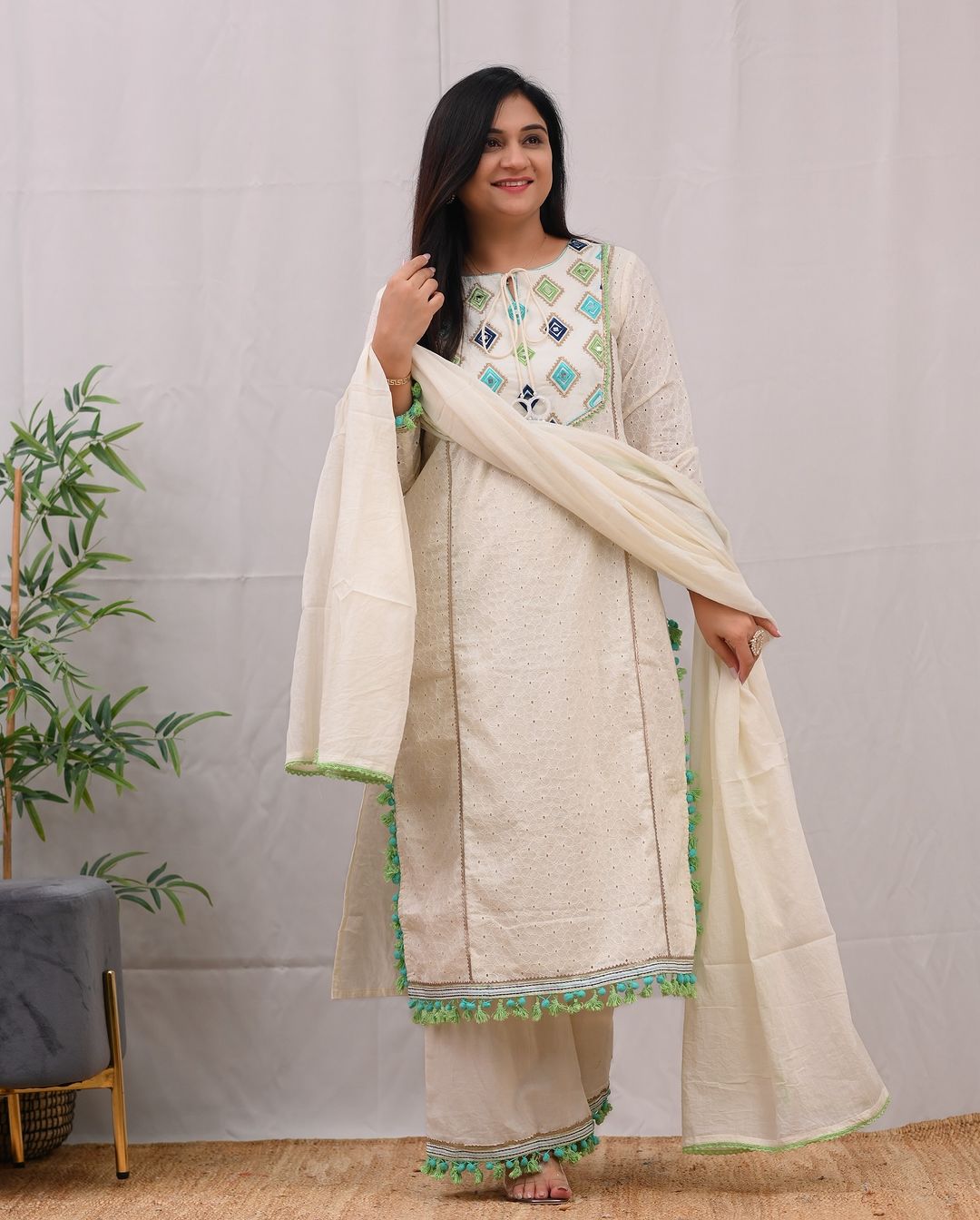 Elegant White Kurti with Intricate Blue Embroidery