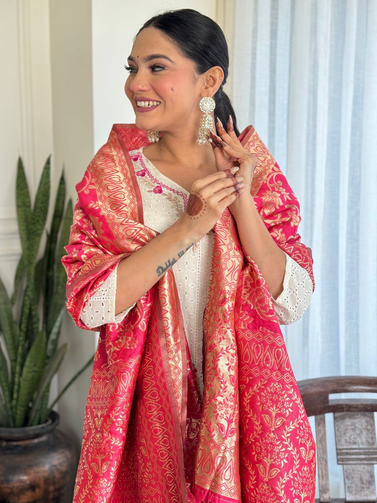 Elegant White Kurti with Orange Dupatta