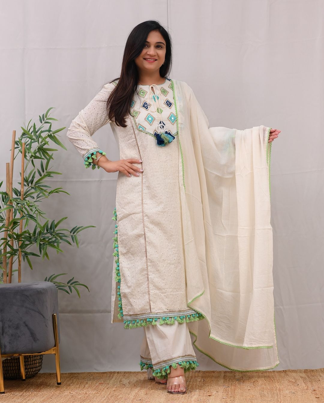 Elegant White Kurti with Intricate Blue Embroidery