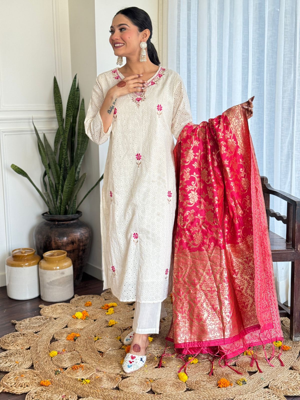 Elegant White Kurti with Orange Dupatta