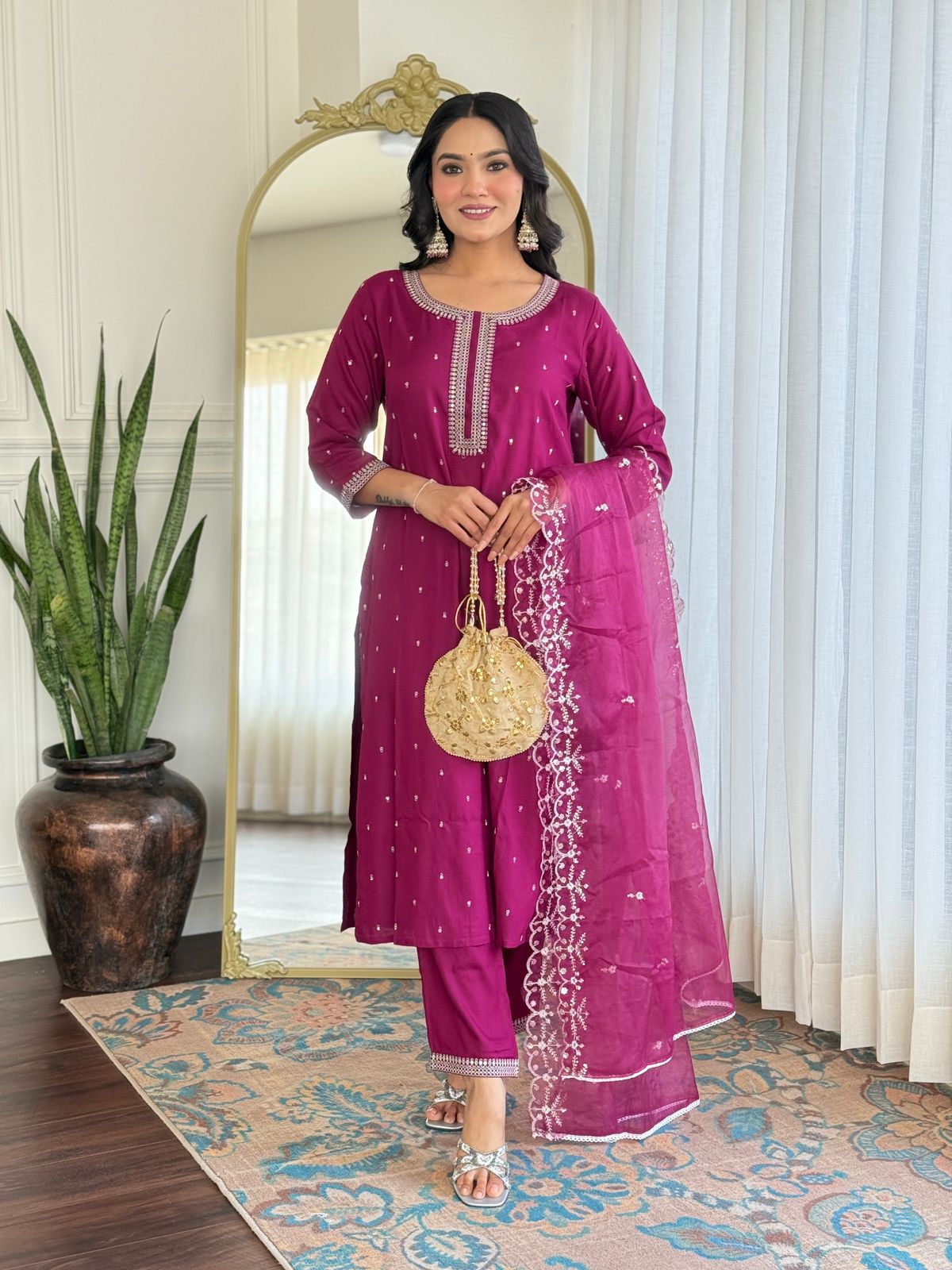 Elegant Pink Kurti with Netted Dupatta