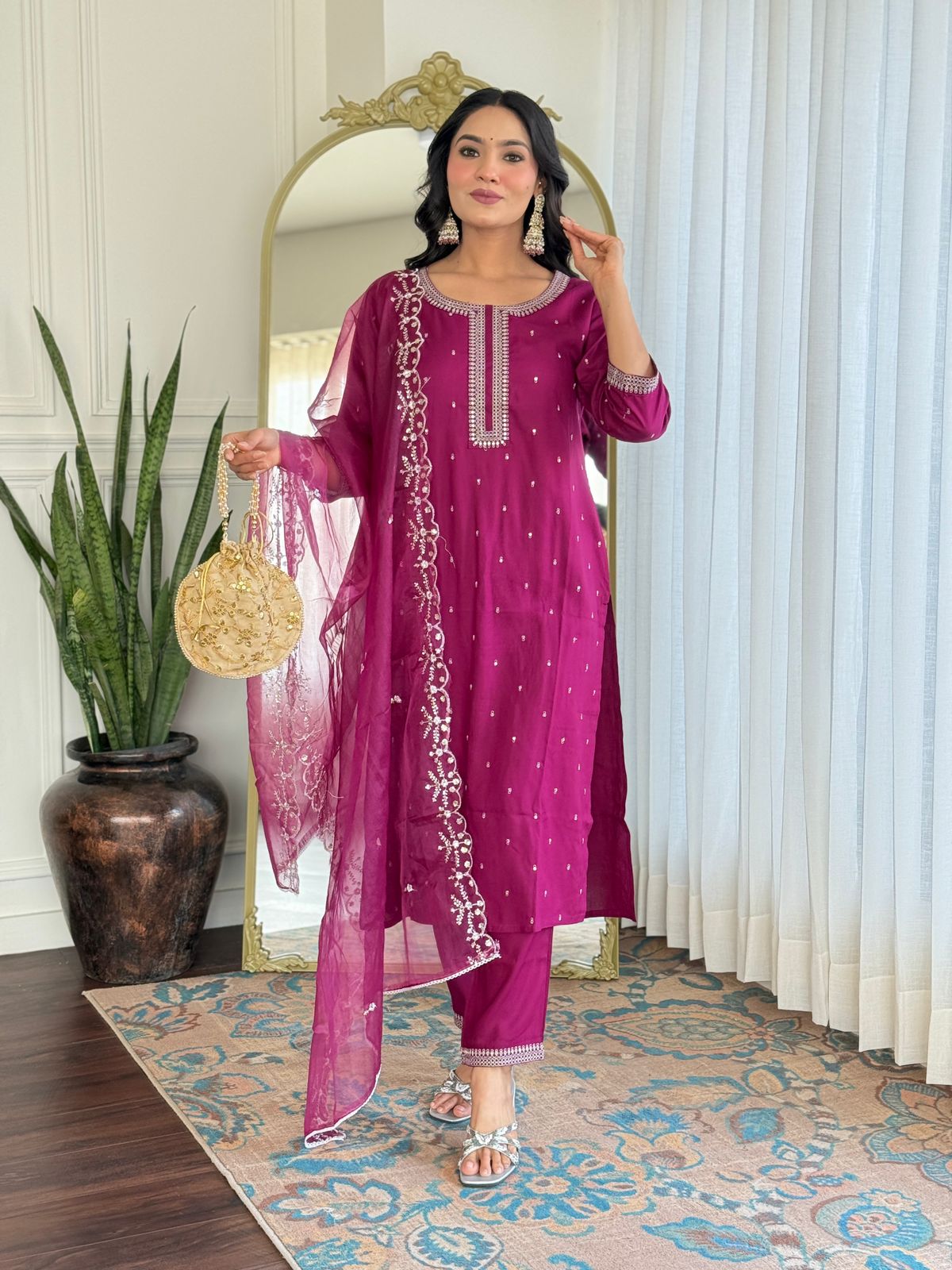 Elegant Pink Kurti with Netted Dupatta