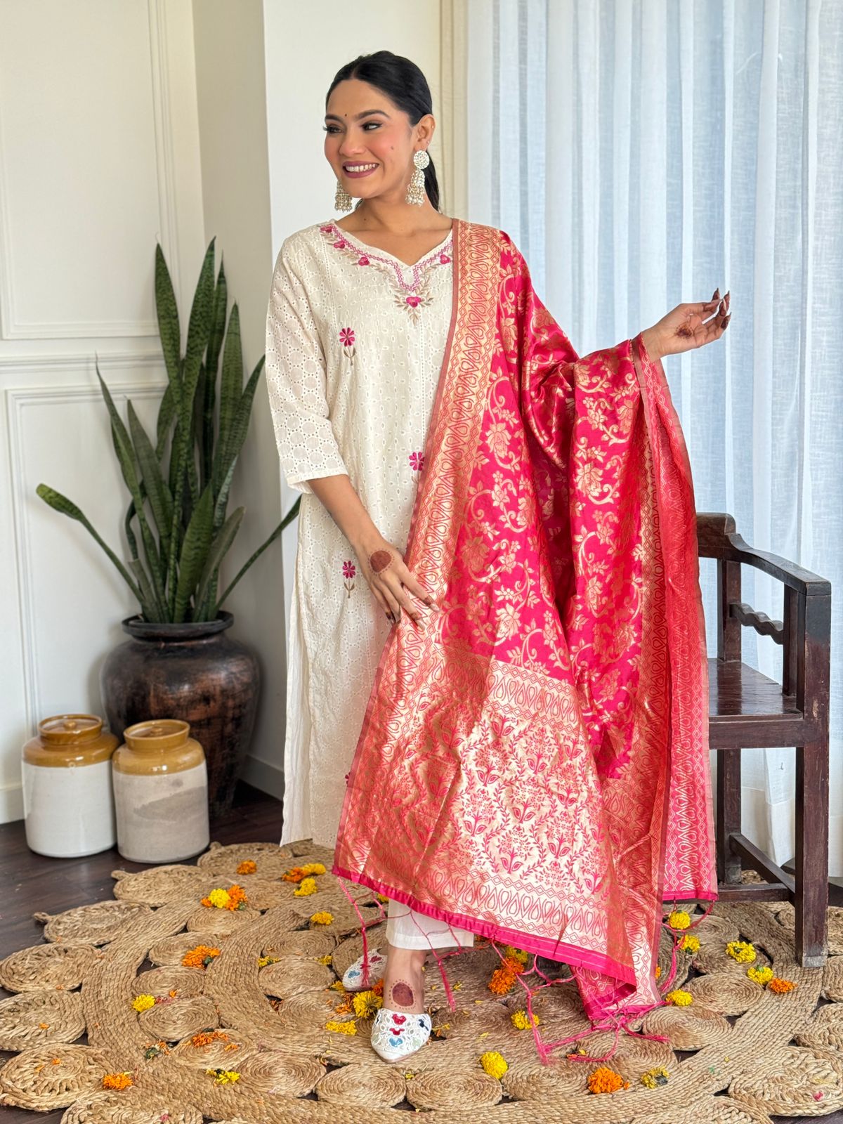 Elegant White Kurti with Orange Dupatta